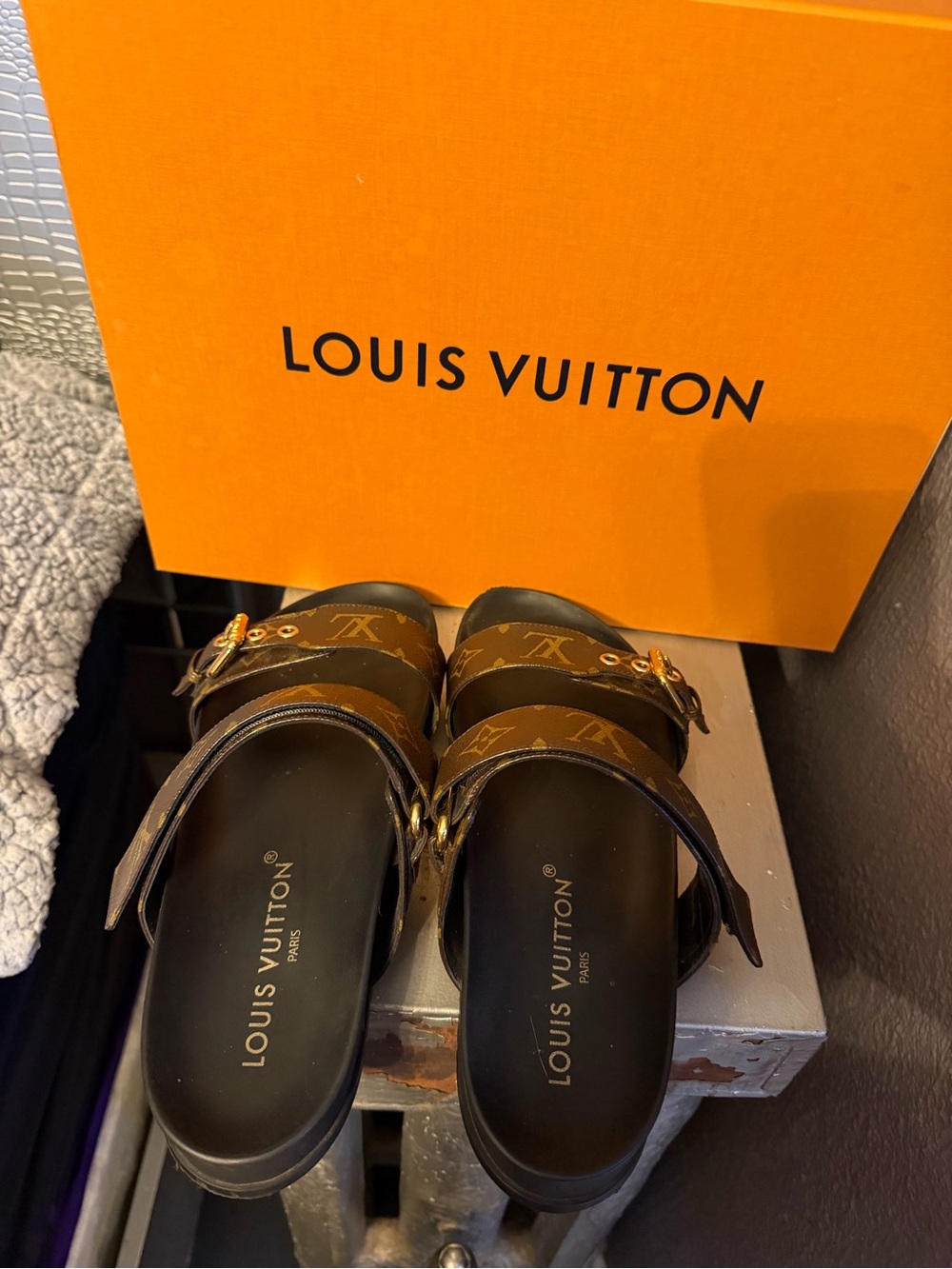 Louis Vuitton Brown Monogram Double Strap Sandals with Gold Buckles - Picture 4 of 9